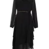 Black Long Sleeve Tiered Midi Dress