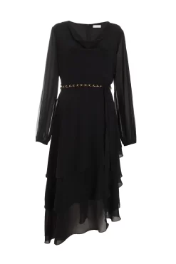 Black Long Sleeve Tiered Midi Dress