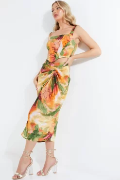 Multicoloured Satin Marble Print Ruched Midi Skirt -Women Clothing Sale 00100039373 XS scaled