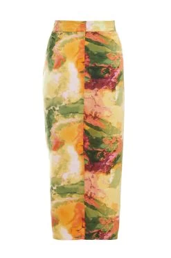 Multicoloured Satin Marble Print Ruched Midi Skirt -Women Clothing Sale 00100039373 ZB