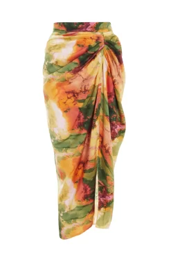 Multicoloured Satin Marble Print Ruched Midi Skirt