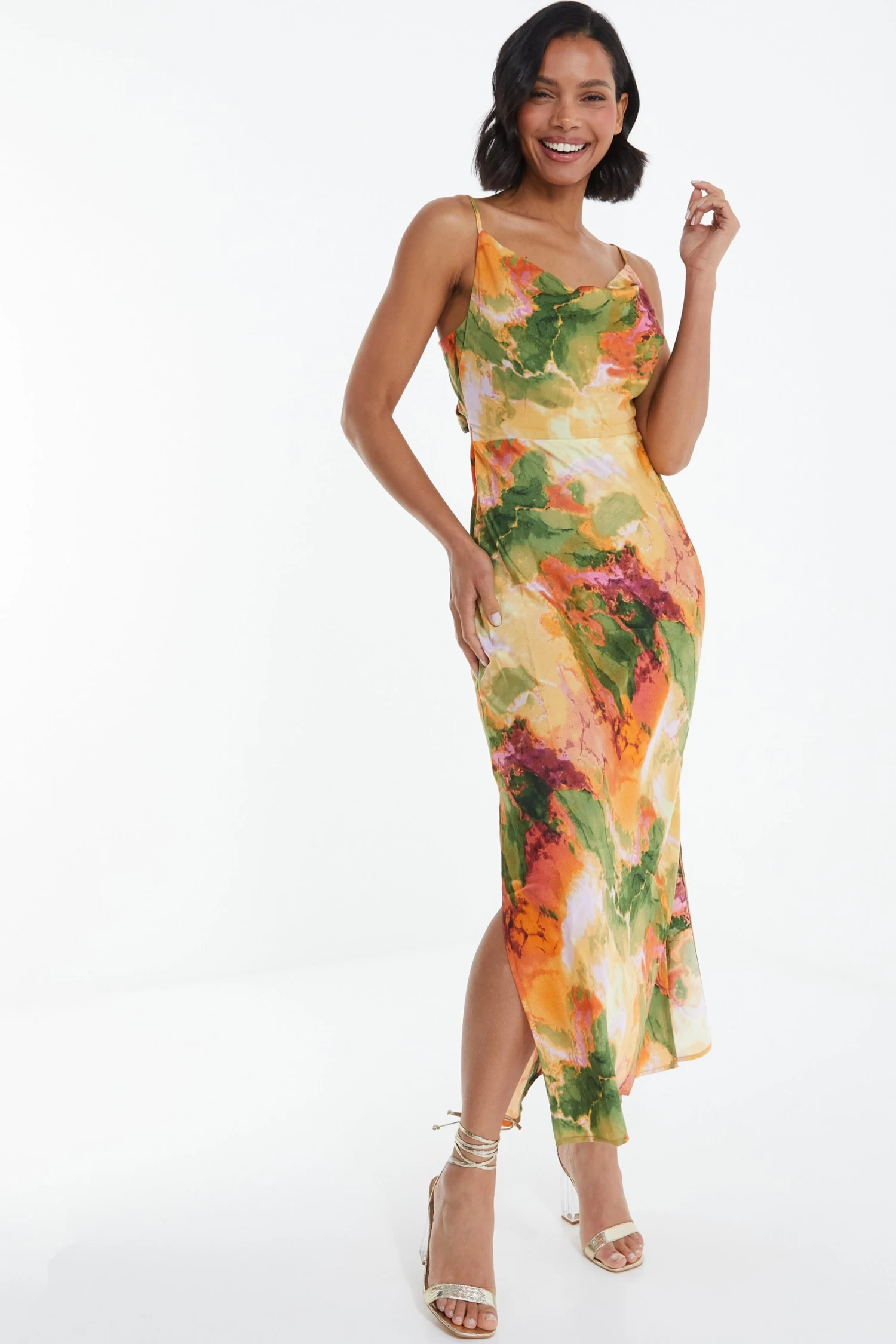 Multicoloured Satin Marble Print Midaxi Dress 2 Multicoloured Satin Marble Print Midaxi Dress - Image 2