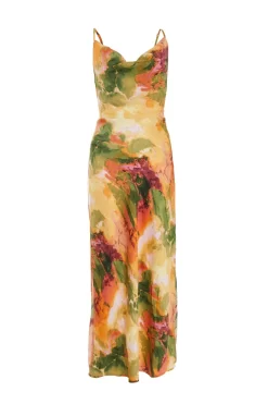 Multicoloured Satin Marble Print Midaxi Dress