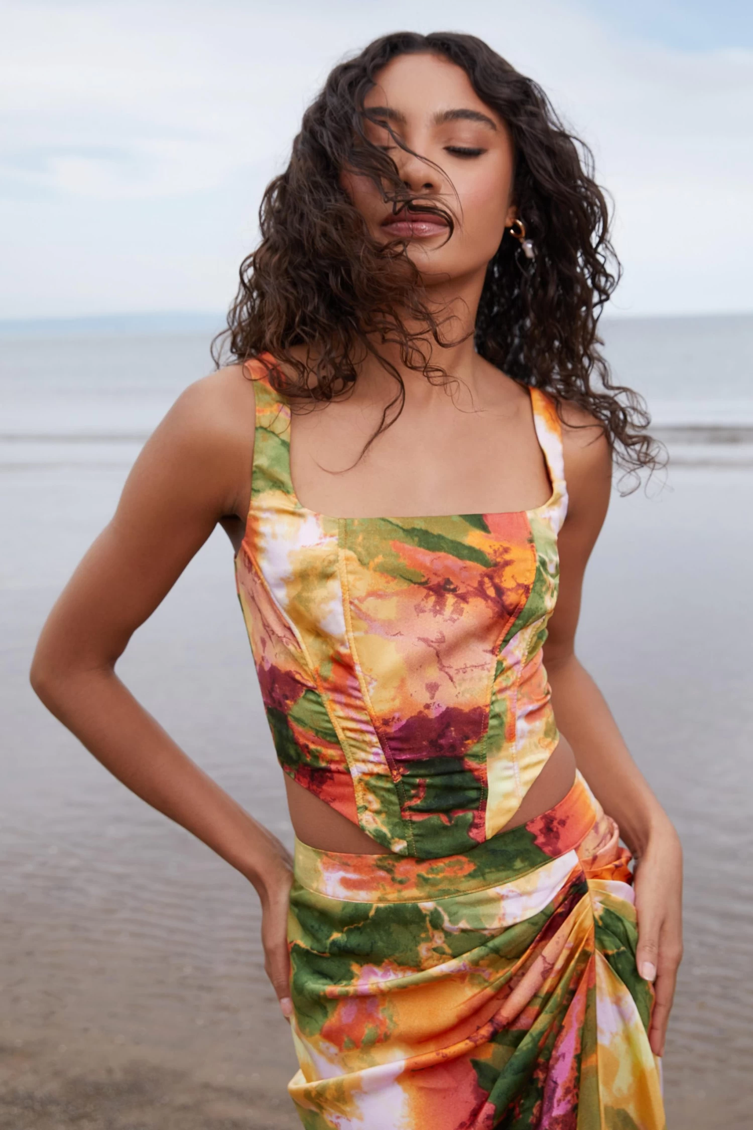 Multicoloured Marble Print Corset Crop Top 2 Multicoloured Marble Print Corset Crop Top - Image 2