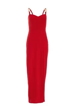 Red Buckle Strap Maxi Dress