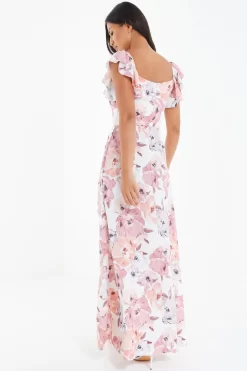 Pink Floral Frill Sleeve Maxi Dress -Women Clothing Sale 00100039502 XB scaled