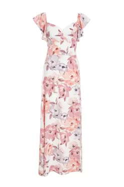 Pink Floral Frill Sleeve Maxi Dress