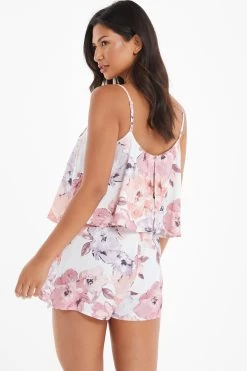 Pink Floral Satin Frill Playsuit 8 Pink Floral Satin Frill Playsuit -Women Clothing Sale 00100039503 XB