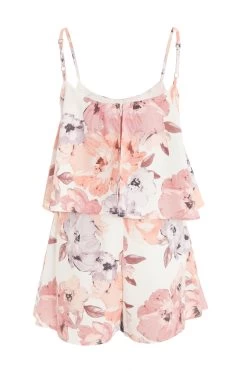Pink Floral Satin Frill Playsuit 10 Pink Floral Satin Frill Playsuit -Women Clothing Sale 00100039503 ZB