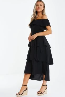 Black Bardot Dip Hem Midi Dress -Women Clothing Sale 00100039505 XS